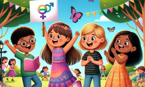 In een zonnig park staan vier vrienden samen, omringd door groen en kleurrijke bloemen. Emma, een 11-jarig meisje met bruin haar en een bril, glimlacht terwijl ze een poster over gendergelijkheid vasthoudt. Naast haar tekent Lucas, een 11-jarige jongen met blond, krullend haar, met kleurpotloden in een notitieboek, geïnspireerd door de energie van zijn vrienden. Noor, een 11-jarig meisje met zwart, steil haar, danst vrolijk in een kleurrijke jurk, terwijl Samira, een 11-jarig meisje met kastanjebruin, krullend haar, haar vrienden aanmoedigt met een grote glimlach. Het park is gevuld met stralende bloemen, majestueuze bomen en een heldere blauwe lucht, wat een vrolijke en inspirerende sfeer creëert. In de verte spelen kinderen samen, wat de harmonie en inclusiviteit illustreert. De vrienden zijn verenigd in hun ideeën om gendergelijkheid te bevorderen, met kleurrijke posters om hen heen die hun inzet symboliseren om hun stem te laten horen en anderen te inspireren.