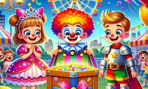 In een kleurrijk park staan drie vrienden in het midden van de scène. Max, een 8-jarig jongetje, draagt een opvallend clownspak met een grote rode neus en multicolore schoenen. Rechts van hem staat Lisa, een 7-jarig meisje, verkleed als prinses met een glinsterende roze jurk en een stralende tiara. Links staat Sam, een 8-jarig jongetje, gekleed in een kartonnen ridderuitrusting en met een plastic zwaard in zijn hand. Het park is gevuld met kleurrijke ballonnen, feestelijke slingers en spelstands. Op de achtergrond draait een groot reuzenrad langzaam, verlicht door fonkelende lichten. Kinderen lachen en dansen om hen heen, wat een vrolijke en feestelijke sfeer creëert. De drie vrienden ontdekken een grote houten doos versierd met kleurrijke decoraties, die ze net onder een grote gouden bal hebben gevonden. Ze kijken verwonderd naar de doos, benieuwd naar de schat die erin verborgen zit.