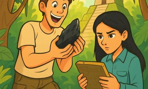 Een man, Tomás, in zijn dertiger jaren met rommelig bruin haar en een lichte baard, toont een diepe opwinding en verwondering op zijn gezicht. Hij draagt een beige t-shirt, cargo shorts en wandelschoenen, terwijl hij een oud artefact van obsidiaan in zijn handen houdt, met een nieuwsgierige blik erop gericht. Naast hem staat Ana, een jonge vrouw van 25 jaar met lang zwart haar, gekleed in een blouse met lange mouwen en een wandelbroek, die aandachtig de inscripties op een oud tablet bestudeert, met een geconcentreerd gezicht. Hun omgeving is een weelderige jungle, met enorme bomen, hangende lianen en zonnestralen die door het dichte loof filteren, waardoor een oude stenen piramide bedekt met mos gedeeltelijk verborgen is in de vegetatie. De hoofdscène toont Tomás en Ana die een oud artefact ontdekken, omringd door de opwinding van hun vondst, terwijl ze voor de piramide staan, klaar om de mysteries van de Maya-beschaving te verkennen.