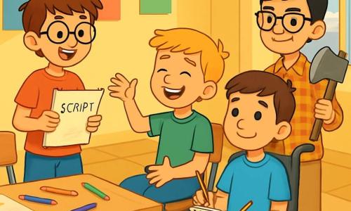 Er zijn 4 kinderen: Daniël: een 10-jarig jongen met rommelig bruin haar en ronde brillen. Hij draagt een rood t-shirt en een blauwe short. Hij staat, glimlachend en enthousiast, met een script in zijn handen. Sam: een 10-jarig jongen met blond haar en sproeten. Hij draagt een groen t-shirt en een spijkerbroek. Hij zit op een stoel, lacht en maakt grappige gebaren om zijn vrienden aan te moedigen. Lucas: een 10-jarig jongen met kastanjebruin haar en een warme glimlach. Hij zit in zijn rolstoel, draagt een lichtblauw t-shirt en houdt een potlood en een notitieboekje vast, klaar om ideeën voor hun toneelstuk op te schrijven. Thomas: een 10-jarig jongen met zwart haar en vierkante brillen. Hij draagt een geruite shirt en een beige broek. Hij staat naast Lucas, houdt rekwisieten vast en heeft een vastberaden blik. De scène speelt zich af in een heldere klaslokaal met gele muren en kleurrijke posters. Houten tafels staan in een cirkel, en potloden, papier en decoraties liggen verspreid over de tafels. Een groot raam laat zonlicht binnen, waardoor de ruimte verlicht wordt. De kinderen zijn druk bezig met de voorbereiding van hun toneelstuk. Lucas in zijn rolstoel doet voorstellen, terwijl Daniël en Sam lachen en Thomas druk bezig is met het verzamelen van de rekwisieten. De sfeer is vrolijk en creatief, vol energie en vriendschap.