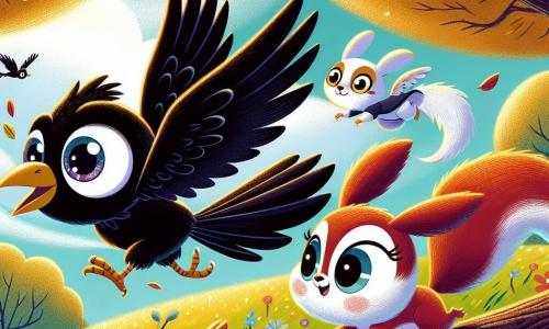 Un pequeño cuervo llamado Coco, con plumas negras brillantes y ojos chispeantes de emoción, vuela alto en el cielo, con las alas desplegadas y una expresión de alegría y determinación. A su lado, una pequeña ardilla roja llamada Tina, con una cola esponjosa y ojos curiosos, salta de rama en rama, mirando a Coco con admiración. Un pequeño conejo blanco llamado Roco, con orejas largas y un pelaje suave, se encuentra en una rama, un poco atrás, mostrando una expresión de duda pero listo para seguir a sus amigos. La escena transcurre en la cima de una colina verde, rodeada de árboles con hojas doradas que brillan bajo el sol, mientras una suave brisa hace bailar las flores coloridas en el suelo. Los amigos están en una aventura, luchando juntos contra un fuerte viento que sopla a su alrededor, determinados a alcanzar un lugar mágico más allá de la colina.