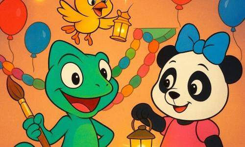 Lino, un camaleonte artista, è al centro dell'immagine, la sua pelle cambia in colori vivaci come il verde smeraldo e il blu turchese, con un grande sorriso gioioso. Tiene un pennello dorato e si trova davanti a una grande ghirlanda colorata appesa al muro. Alla sua destra, Mina Panda, con un grande fiocco blu sulla testa, sorride teneramente tenendo una lanterna luminosa. Capitan Piuma, un piccolo uccello con un cappello da capitano, vola sopra di loro, agitando una piccola lanterna scintillante. La scena si svolge in una sala di festa decorata con ghirlande di carta multicolori e luci scintillanti, con palloncini che fluttuano al soffitto. L'atmosfera è festosa e accogliente, piena di colori brillanti e sorrisi radiosi.