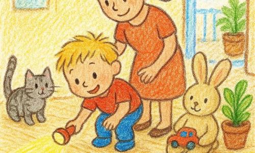 Un băiat de 2 ani, zâmbitor și curios, cu păr blond în dezordine, ține o lanternă mică și urmărește urme de noroi pe podea; mama sa, în jur de 30 de ani, cu păr castaniu prins în coadă, rochie simplă, îi ține mâinile pe umeri cu privire blândă; o pisică gri tigrată stă la stânga cu coada ridicată și nasul spre urme; un mare iepure de pluș bej zace lângă un ghiveci verde, ținând o mașinuță jucărie găsită; sufrageria e luminată, cu podea din lame de lemn deschis și covor colorat cu stele, iar ușa-fereastră deschisă spre un balcon cu o plantă; scena principală e o mică anchetă veselă: băiatul urmărește urmele cu lanterna, mama îl încurajează, pisica arată direcția și plușul păstrează jucăria găsită.