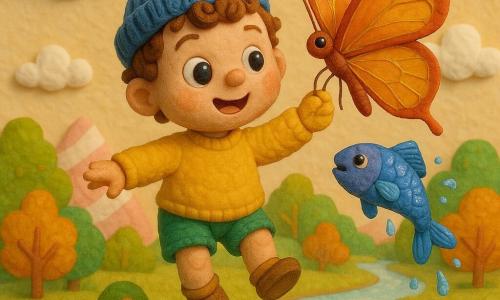 Un niño de 2 años, Nico, sorprendido y sonriente, juega a volar: gorro azul, cabello castaño rizado, jersey amarillo y pantalón corto verde; una gran mariposa rojo‑naranja de alas translúcidas venadas de oro se posa en su mano y lo guía, mientras un pequeño pez saltarín violeta‑azul salpica gotas brillantes; flota sobre un bosquecillo mágico con los brazos abiertos, expresión alegre y confiada, bajo un cielo pastel con nubes algodonosas, montañas de caramelo rosa y blanco, un río de leche brillante y árboles de hojas multicolores, luces cálidas y colores vivos que crean una atmósfera de descubrimiento y aventura tierna.