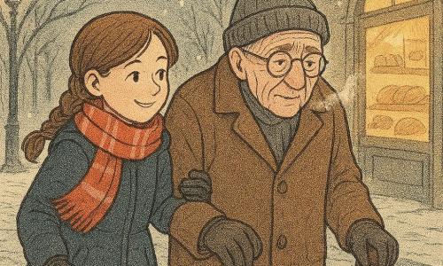 Lila, menina de 12 anos, sorridente e concentrada, de trança e casaco azul-marinho, segura delicadamente o braço do senhor Anselmo, cerca de 78 anos, de boné cinza e casaco castanho, enquanto o ajuda a atravessar uma rua de pedra coberta por neve fina, com postes iluminados e uma pequena padaria ao fundo; atmosfera tranquila e acolhedora.