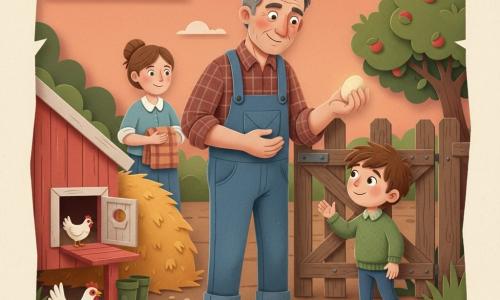 Un agricultor de circa 50 de ani, față brăzdată și mâini bătătorite, poartă o cămașă în carouri brun-roșu și o salopetă albastră; zâmbește blând ținând un ou mare și cald în palma stângă lângă un vechi porțel de lemn. Un băiat de vreo 10 ani, păr brun ciufulit și ochi curioși, poartă un pulover verde și privește oul cu admirație întinzând mâna, stând la dreapta omului. O femeie de aproximativ 40 de ani, vecină, cu părul prins în coc, ține o pătură pliată și stă câțiva pași în spate lângă un grămadă de fân. Curte de fermă la amurg: pământ bătătorit, cotețe roșii pentru găini și un măr în fundal, cer portocaliu-roz. Moment tandru în care agricultorul îi arată băiatului cum să țină un ou, gesturi lente și protectoare, lumină blândă de seară, texturi de hârtie decupată, umbre nette și forme simple, paletă caldă și naturală.