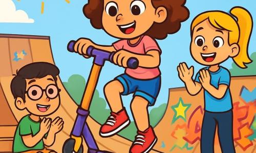Hay 3 personajes: - Sofía: una niña de 10 años, con grandes ojos marrones y cabello rizado castaño. Lleva una camiseta rosa y un short de mezclilla, y está patinando con un patinete colorido. - Valeria: una niña de 10 años, con cabello largo y rubio, atado en una coleta. Lleva una camiseta azul y pantalones deportivos negros, y anima a Sofía con una gran sonrisa. - Miguel: un niño de 10 años, con cabello negro y gafas. Lleva una camiseta verde y un short naranja, y está sentado en un banco, mirando a las chicas con admiración. La escena tiene lugar en un skatepark vibrante, lleno de rampas de madera y grafitis coloridos en las paredes. El sol brilla en un cielo azul claro, y niños juegan alrededor, creando una atmósfera alegre y animada. La situación principal muestra a Sofía realizando un salto en su patinete, mientras Valeria la anima con entusiasmo. Miguel, sentado en el banco, aplaude con una sonrisa, admirando el valor de sus amigos.
