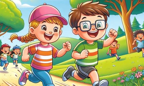 In a sunny park, a 10-year-old boy named Leo, with brown hair and glasses, joyfully runs along a dirt path, a big smile on his face. Next to him, his best friend Mia, a 9-year-old girl with braided blonde hair and a pink cap, encourages him by raising her arms, full of energy. In the background, other children of different ages and backgrounds are also running, creating an atmosphere of camaraderie and friendly competition. The park is lush, with large trees featuring shiny leaves and colorful flowers lining the path. The scene depicts Leo and Mia running together towards a hill, their faces beaming with determination and joy, symbolizing teamwork and friendship in sports.