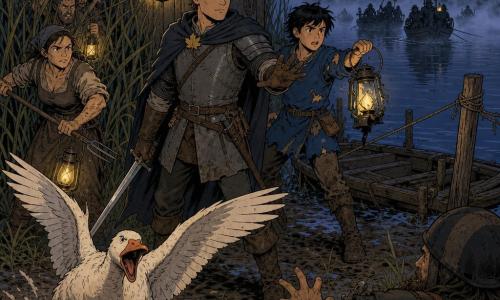 A young knight of about 25 with a gentle face, short chestnut hair, simple worn armor and a small willow-leaf brooch on his coat, standing calm and resolute with his sword pointed down by a small wooden hut; behind him Finn, a 13-year-old squire with messy black hair and a torn blue tunic, panting and holding a broken lantern while looking toward the river; to the left Hessa, a 40-year-old villager woman with muscled arms, rolled sleeves and a mud-streaked dress, partly hidden in the reeds ready to defend the crossing; Old Nettle, a fat, aggressive white goose with an open beak, charging at the foreground with wings spread in a comical yet fierce pose; setting: a ferry crossing at dusk with a muddy bank, wooden posts, a flat boat tied to the pier, dark reflective water, tall reeds and light mist rising, flickering oil lamps casting warm yellow light; action: villagers bursting from the reeds repelling a bandit attack, the knight holding order as the squire brandishes the lantern and enemy boats barely visible in the fog on the river; graphic style: contrasting colors (evening grays and blues, warm lantern yellows), clear expressive lines, dramatic but child-friendly.