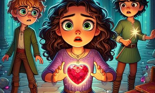 Clara, an 11-year-old witch with curly brown hair and round glasses, stands in the center of a magical room, her eyes wide with wonder. She wears a purple dress adorned with sparkling stars and reaches out toward a magnificent red stone heart, the Heartstone, which shines brightly in front of her. Next to her, Theo, a 12-year-old boy with chestnut hair and sparkling eyes, watches in fascination, his mouth slightly open. He wears a green tunic and holds a magic wand, ready for action. Lila, a 10-year-old girl with long black hair and a blue dress, stands a bit back, looking anxious yet determined, ready to support her friends. The scene takes place in a vast underground chamber, with walls adorned with shining crystals and ancient symbols, illuminated by a soft, mysterious light emanating from the Heartstone. Ancient books are scattered around them, and the atmosphere is charged with magic and excitement. The main situation shows Clara, surrounded by her friends, channeling their magic toward the Heartstone, uniting their forces to stabilize the ley lines and protect their academy from the looming dark threat.