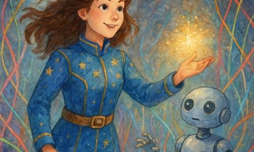 Captain Liora Starling stands with a determined and kind expression. Her brown hair floats in the air, her eyes sparkling with courage, and she wears a space uniform adorned with starry patterns. She reaches out towards a shimmering light. Beside her, a robot named Loom, with a silver body and delicate fingers, attentively observes the luminous threads. He stands slightly back, ready to assist. The setting is an underground cavern on the planet Oria, filled with light threads woven like a forest of colored glass, illuminating the space with a soft rainbow glow. The main scene shows Liora and Loom working together to repair the planet's luminous core, surrounded by gently vibrating bright threads, creating an atmosphere of magic and hope.