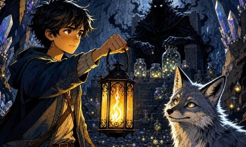 Rowan is a 17-year-old boy with an open face, dark tousled hair and a determined yet tender expression, holding a wrought-iron lantern with a warm steady flame; Fenn, a silvery fox with luminous tips, sits to his right, ears pricked, mischievous but worried, watching protectively; the Shade-king is a large shadowy humanoid with a coal-and-smoke texture and pale reflective eyes, seated on a stone throne at the back of a vast vaulted cavern, its shadowed hands hovering over jars of small volatile lights; the cavern walls are studded with dim crystals beginning to glow, the stone floor dotted with piles of shining objects (pearls, butterfly wings, mirror shards, small lanterns), and a fissure in the ceiling lets a shaft of silver starlight fall on the scene; main moment is a gentle tense offering as Rowan extends the lantern, warm light against cold darkness, strong saturated contrasts (warm yellow, midnight blue, charcoal gray, silver), clear composition, bold outlines, readable expressions, atmosphere of hope and reverence rather than conflict, in a pop-art style with flat vivid colors, graphic shadows, dotted textures and pronounced black lines.