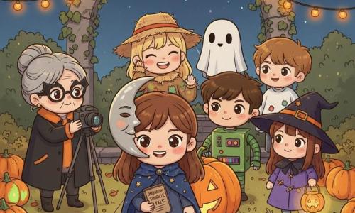 A proud, serene 12-year-old girl smiles with rosy cheeks, wearing a silver crescent moon mask and a navy star-embroidered cape, holding a small notebook labeled OPERATION: SINGLE FILE and a candy bag, standing center in a tight line; behind her Juno (12) is a scarecrow with a tilted straw hat and straw in her sleeves, softly laughing; Theo (12) is a green-and-black cardboard robot with bottle-cap buttons, rigid and amused; Lila (12) is a little witch with a slightly crooked black pointed hat holding a glowing jack-o'-lantern lantern at the end of the line; Ezra (about 11) is a ghost in a patched white sheet smiling shyly slightly set back; Mrs. Clove (about 60) in bat-shaped glasses and a black coat with orange lining holds a camera on a tripod a few steps away, watching kindly; setting: a small community garden at night with orange and lime glowing pumpkins, a red brick path, orange bulb garlands on an ivy-covered stone arch, warm soft lighting and autumn leaves; main scene: the compact group poses for a photo in front of a large pumpkin, joyful expressions, golden light illuminating costumes, cute colorful style with clear contrasts and visible cardboard and fabric textures.