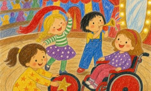 Four girls in a colorful pencil-drawn circus tent with a round wooden floor and simple bleachers: Mia, 6, brown pigtails, yellow starry dress, sticks a shiny star sticker on Bea’s wheel at the left; Lila, 5, blond braid, red scarf flying as she twirls at center-left; Jo, 6, short black hair, blue overalls, blows a toy horn at center-right; and Bea, 5, light brown hair with a headband, in a red wheelchair with a big decorated star on the wheel, rolling and smiling at right; the scene is warm, playful, expressive, with bright colors, simple rounded lines, warm bulbs around a mirror and a red curtain behind.
