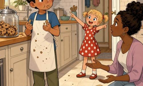 A 10-year-old boy with a round face and tousled light-brown hair, big ashamed eyes, rosy cheeks and a mouth still full of a cookie, holding two crumbs on his fingers and standing by a light-wood countertop; his 5-year-old sister in blonde pigtails and a red polka-dot dress stands triumphantly by the kitchen door pointing at him; their mother, about 35, with brown hair in a bun and pastel clothes, kneels to child height with a surprised but calm expression and open hands near a pile of folded laundry; a bright, cozy kitchen with light tiles, a large glass cookie jar with a metal lid on the counter, crumbs on the floor and the boy’s apron and warm window light; scene: a gentle confrontation after the boy took cookies before the meal, exchanged looks, scattered crumbs and a plea for truth.
