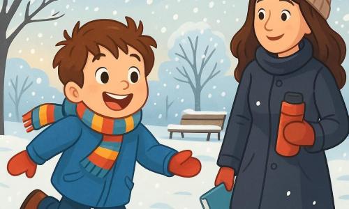 Un niño de 6 años, Lucas, con cabello castaño desordenado y mejillas sonrosadas, sonríe alegremente mientras corre en un parque invernal. Lleva un abrigo grueso azul, una bufanda de rayas coloridas y guantes rojos, y sus ojos brillan de emoción. A su lado, su mamá, una mujer de unos 30 años con cabello largo y castaño, lo mira con ternura, vestida con un abrigo negro y un gorro de lana. Ella sostiene un libro en una mano y un termo de chocolate caliente en la otra, lista para compartir un momento cálido con su hijo. El parque está cubierto de nieve brillante, con árboles cuyas ramas están cargadas de escarcha y bancos cubiertos de blanco. El cielo es de un gris suave, dejando entrever algunos rayos de sol que iluminan la escena. Lucas se divierte saltando en la nieve, dejando huellas detrás de él, mientras su mamá lo anima con una sonrisa. Están rodeados de copos de nieve que caen suavemente, creando una atmósfera mágica y alegre.