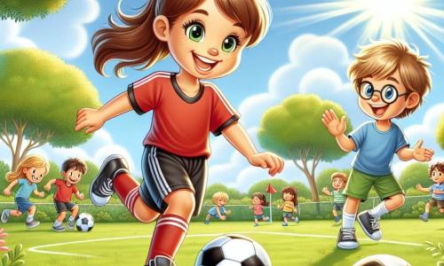 Ana, o fetiță de 10 ani, se află în centrul imaginii, cu părul brun prins într-o coadă de cal și un zâmbet strălucitor pe față. Ea poartă un tricou de fotbal roșu și o pereche de pantaloni scurți negri, driblând cu abilitate o minge de fotbal pe teren. Aproape de ea, Luca, un băiat de 9 ani cu părul blond și ochelari, aplaudă entuziast, îmbrăcat într-un tricou albastru și pantaloni scurți verzi. Terenul de fotbal este verde și însorit, înconjurat de copaci cu frunze strălucitoare și un cer albastru deschis, cu câteva nori albi plutind. Copiii joacă în fundal, adăugând o atmosferă veselă scenei. Ana își arată abilitățile de fotbalistă prietenilor, încurajându-i să se distreze în timp ce învață să joace fotbal împreună.