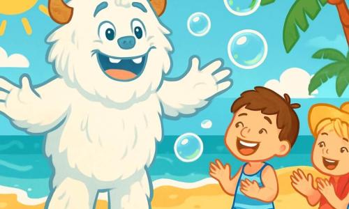 Un yeti morbido e peloso, di nome Yoghi, si trova su una spiaggia soleggiata, con un grande sorriso gioioso sul volto. Il suo pelo è bianco e soffice, e ha occhi scintillanti di malizia. Sta raccontando una storia, con le braccia aperte, circondato da bolle di sapone che fluttuano attorno a lui. Accanto a lui, ci sono tre bambini, due ragazzi e una ragazza, di circa 7 anni. Il ragazzo dai capelli castani indossa un costume da bagno a righe e ride a crepapelle. La ragazza dai capelli biondi, con un cappello di paglia, applaude con entusiasmo. Il secondo ragazzo, con occhiali da sole, cerca di prendere una bolla che si alza nell'aria. La scena si svolge su una spiaggia di sabbia dorata, dove le onde brillano sotto il sole. Con il suo atteggiamento giocoso, Yoghi racconta una storia divertente, mentre i bambini ridono e si divertono, affascinati dalla magia delle bolle che fluttuano attorno a loro.