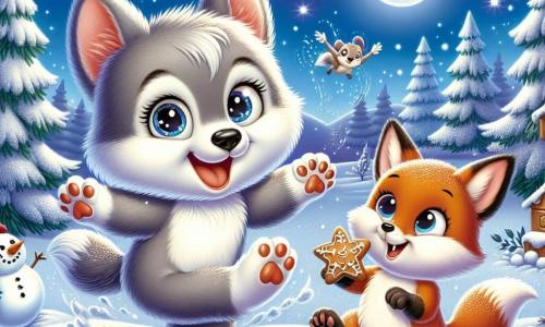 Um pequeno lobo chamado Léo, com pelagem cinza e olhos curiosos, salta alegremente na neve, com as patas levantadas e um grande sorriso no rosto. Ao seu lado, uma raposa ruiva de olhos travessos, segurando um biscoito de gengibre, ri ao olhar para Léo, enquanto uma lebre branca de grandes orelhas, com um ar brincalhão, se prepara para dar um salto na neve. Ao fundo, uma paisagem invernal encantadora se estende: árvores majestosas cobertas de neve brilhante, um céu azul claro salpicado de flocos de neve caindo e um pequeno boneco de neve com um nariz de cenoura, decorado com galhos. A cena representa a alegria do inverno, onde os amigos se divertem juntos criando memórias inesquecíveis na neve.