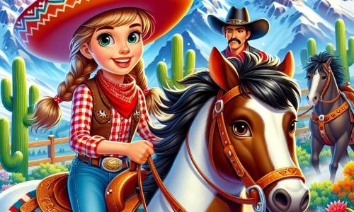 Emma, o cowgirl curajoasă de aproximativ 12 ani, poartă o sombrero mare și o cămașă cu carouri roșii și albe. Fața ei este luminată de un zâmbet larg, arătând determinarea și entuziasmul ei. Este călare pe calul ei rapid, Tornado, care are o coamă neagră și strălucitoare, și ține ferm frâiele. Lângă ea, Jack, un cowboy de 14 ani cu o mustață mare și o pălărie neagră, o privește pe Emma cu un amestec de surpriză și respect. Este pe calul său, un mustang mare de culoare brună, și pare pregătit să facă față provocării. Peisajul de fundal este unul montan, cu vârfuri acoperite de zăpadă și un cer albastru strălucitor presărat cu nori albi. În prim-plan, cactuși și arbuști colorati adaugă viață scenei. Situația principală arată cum Emma și Jack se pregătesc pentru o cursă palpitantă spre vârful muntelui, având expresii de provocare și entuziasm pe fețele lor, gata să trăiască o aventură de neuitat.