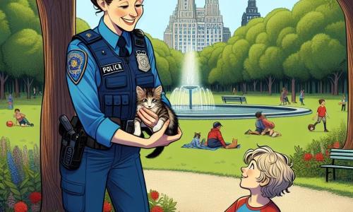 Una policía sonriente, Clara, está en el centro de la imagen. Es una mujer de unos treinta años, con cabello castaño recogido en un moño y vistiendo un uniforme azul brillante. Su rostro expresa amabilidad y determinación mientras sostiene una pequeña radio en una mano y un gatito en la otra, mirándolo con ternura. A su lado, un niño pequeño llamado Nico, de 7 años, está maravillado. Tiene el cabello rubio desordenado y lleva una camiseta roja con un pantalón corto azul. La escena tiene lugar en un parque verde, lleno de árboles majestuosos, flores coloridas y un camino de grava. Al fondo, se pueden ver niños jugando y familias haciendo un picnic en la hierba. La situación principal muestra a Clara ayudando al gatito a bajar de una rama baja de un árbol, mientras Nico la observa con ojos brillantes, impresionado por el coraje y la amabilidad de la policía.