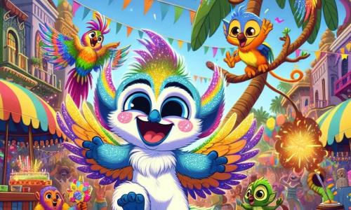 Fizzel, een klein magisch wezentje met kleurrijke vacht die glanst als een regenboog, danst vrolijk midden op een drukke straat, zijn gezicht straalt van blijdschap en opwinding. Naast hem vliegt Pico, een grote en levendige parkiet met schitterende veren, enthousiast op, zijn ogen sprankelen van vreugde terwijl hij Fizzel aanmoedigt om te dansen. Jambo, een ondeugende aap met een lange en behendige staart, springt van tak naar tak, lachend en klappend, wat bijdraagt aan de feestelijke energie van de scène. De achtergrond toont een carnaval dorp, vol felle kleuren: vlaggen wapperen in de wind, kleurrijke ballonnen versieren de geplaveide straten, en kraampjes bieden zoete lekkernijen aan. Op de achtergrond staat een grote palmboom majestueus, terwijl muzikanten vrolijke melodieën spelen, wat een blije en feestelijke sfeer creëert. De hoofdscène toont Fizzel, Pico en Jambo die samen vieren, dansend en lachend, omringd door blije mensen die klappen en dansen, wat de geest van het carnaval en de vriendschap die hen verbindt, vastlegt.