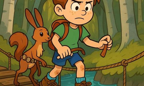 A 12-year-old boy with a round face, freckles and messy chestnut hair, looking determined but slightly worried, cautiously walks across a rope-plank bridge holding a small piece of white chalk and a scrap of strap, his shoelaces double-knotted and knees a bit dirty; behind him stands Buttonwick, a dog-sized nonhuman creature with a rabbit body, long fawn-like legs, a bushy squirrel tail and a belt of shiny buttons, one paw on a plank as if encouraging him; below, a translucent glassy blue river with silver highlights flows slowly around the bridge posts; the scene is set in a forest of silver trunks and yellow lantern-shaped leaves with thick green moss, golden sunbeams and a twig archway marking the path, capturing a quiet tense moment as the boy marks each plank with chalk, steps, and the creaking bridge gently sways, conveying calm effort and perseverance.