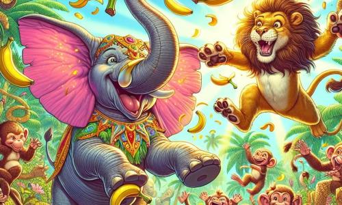 A joyful elephant with large pink ears and a bright smile stands at the center of the scene, holding a giant banana in its trunk. Next to him, a playful lion with a golden mane and sparkling eyes jumps for joy, front paws raised, ready to catch another banana. In the background, a group of mischievous monkeys with brown fur and smiling faces swing happily in the tree branches, throwing bananas into the air. The setting is a lush jungle with vibrant green foliage, colorful flowers, and sunlight filtering through the leaves, creating a festive atmosphere. The main situation shows the elephant and lion participating in a banana-throwing contest, with bananas flying around them while the monkeys cheer and laugh, adding to the joyful and fun atmosphere of the adventure.