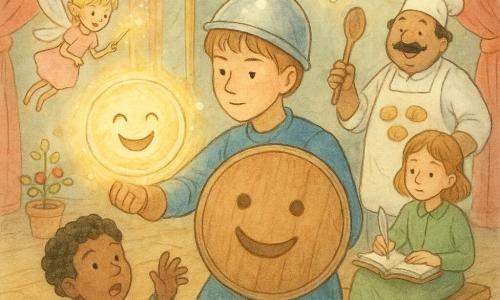 Il principe Tito (ragazzo, circa 14 anni) è calmo e concentrato, volto dolce, capelli castano chiaro corti, con un elmo lucido e un grande scudo rotondo di legno dipinto con un ampio sorriso; tende lo scudo verso una piccola bolla luminosa con una risatina, come per aspirarla. La fata Birillina (bambina, aspetto di lucciola, capelli biondi corti, ali traslucide) vola a sinistra agitando una bacchetta scintillante, sorriso malizioso e vestito rosa pallido. Mino il paggio (bambino, circa 10 anni) è inginocchiato sul tappeto, intenta a catturare una risatina che esce, espressione sorpresa e guance arrossate, giacca blu; Lina la paggia (ragazza, circa 11 anni) è seduta su un baule dietro Tito con un taccuino e una piuma, sguardo concentrato, vestiti verdi. Ubaldo il cuoco (uomo, circa 45 anni) sta a destra, robusto, baffi tondi, grembiule pieno di biscotti, tiene un grande cucchiaio che canta, sorriso indulgente. La sala prove del castello è ampia e calda: parquet lucido, grandi specchi dorati, pesanti tende rosse, lampadario di cristallo con piccole bolle luminose; alcuni oggetti di scena sparsi. L'atmosfera è vivace e giocosa: bolle di risate volano, luci soffuse e palette pastello. Composizione centrata sul principe con gli altri disposti a mezza luna; stile con linee sottili, acquerelli trasparenti e texture di carta, atmosfera luminosa e gioiosa.