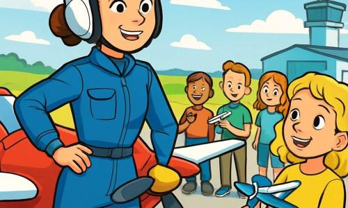 Eine junge Pilotin, Jule, mit braunem, zum Dutt gebundenem Haar, trägt einen blauen Fluganzug und einen Pilotenhelm. Ihr Gesicht drückt Entschlossenheit und Freude aus, ihre Augen leuchten vor Aufregung, während sie neben ihrem kleinen roten Flugzeug mit weißen Flügeln steht, bereit zum Abheben. Neben ihr beobachtet Leni, ein 10-jähriges Mädchen mit lockigem, blondem Haar, bewundernd und hält ein kleines Plastikflugzeug in den Händen. Im Hintergrund schaut eine Gruppe von Kindern im Alter von 8 bis 12 Jahren mit bewundernden Lächeln zu, einige halten Spielzeugflugzeuge. Der Ort ist ein kleiner Flughafen, umgeben von grünen Feldern, mit einem klaren blauen Himmel, der mit einigen weißen Wolken gesprenkelt ist. Die Hauptsituation zeigt Jule und Leni, die sich auf ihren Flug vorbereiten, umgeben von der Begeisterung der Kinder, bereit für ein Luftabenteuer.