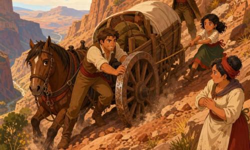 Personaje principal Mateo, hombre de piel bronceada, pelo castaño corto y sonrisa decidida, empuja con todas sus fuerzas una gran rueda de carreta embarrada; a su lado Trueno, un caballo montado de pelo castaño brillante, con las riendas en manos de Mateo; Lúa, niña de 9 años de rizos negros, concentrada y entusiasta, sostiene un lazo y estabiliza la carreta por detrás; el capitán, hombre de unos 50 años con barba canosa y sombrero gastado, da instrucciones desde la pendiente con el brazo en alto; Doña Rosa, cocinera de unos 45 años con delantal manchado, observa preocupada junto a un cesto de avena sobre una roca. La escena transcurre en una pendiente rocosa de un cañón estrecho, tierra roja, rocas ocres, hierba amarilla y nubes de polvo bajo las ruedas; la carreta pesada está atascada y todos cooperan, mostrando solidaridad en gestos y miradas. Colores vivos y contrastados (ocres, azules cielo, verdes apagados, acentos rojos), luz cálida de fin de tarde y sombras largas. Estilo gráfico: formas simples, contornos definidos, texturas planas y detalles legibles a pequeña escala, visual cálido y reconfortante para niños.
