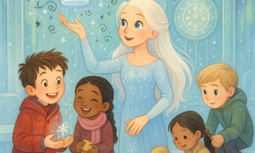 La Reina de las Nieves (cuento de Hans Christian Andersen), rostro sereno y asombrado, pelo largo y blanco, vestido azul pálido bordado de cristales, extiende la mano hacia una corona de hielo que se parte en copos luminosos que caen suavemente y tocan a cada niño; Pablo (unos 9 años), pelo castaño alborotado, abrigo rojo, sostiene en la palma una pequeña semilla de hielo que estalla en luz; Sofía (unos 8 años), trenza y bufanda rosa, sonríe compartiendo un pequeño sándwich junto a un banco de hielo; Erik (unos 10 años), rubio, botas robustas, ayuda a otra niña a recoger una bufanda; gran salón del palacio de hielo con columnas translúcidas, muros que reflejan auroras, suelo como lago helado con motivos de cristales y un gran reloj de hielo y luz en el centro que emite campanillas plateadas y cuyo cuadrante centellea, creando una atmósfera cálida y mágica pese al paisaje helado.