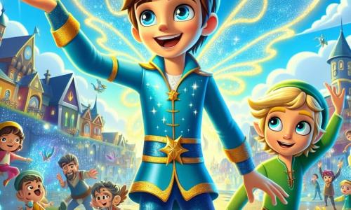 Max, un uomo dai capelli castani e dagli occhi scintillanti, indossa un costume colorato blu e giallo che brilla alla luce. Ha un sorriso determinato e gioioso, alzando la mano per far brillare una luce intensa. Accanto a lui, Lucio, un ragazzino dai capelli biondi e dagli occhi allegri, indossa una tunica verde e ali scintillanti. Lo guarda con ammirazione, le braccia aperte, pronto a spiccare il volo. La scena si svolge nel cuore di Luminarville, una città vibrante con case dai colori vivaci, fiori danzanti e uccelli cantanti. Il cielo è di un blu intenso, punteggiato da nuvole bianche e soffici. Max e Lucio si trovano davanti a un'ombra misteriosa che sembra dissiparsi alla luce di Max, mentre cittadini curiosi li osservano con espressioni di sorpresa e meraviglia.