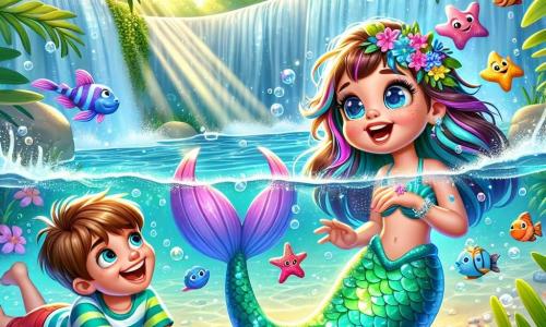 En un oasis mágico, una sirena llamada Marina, con escamas brillantes de colores turquesa y violeta, expresa una gran alegría. Sus largos cabellos ondulan como algas en el agua, y sonríe con ojos chispeantes, sosteniendo una estrella de mar en sus manos. A su lado, un niño de 10 años llamado Lucas, con cabello castaño y ojos brillantes, mira con asombro. Lleva una camiseta colorida y un short, y está de rodillas en la orilla del agua, listo para sumergir sus manos en el agua clara. El oasis está rodeado de palmeras exuberantes, con flores brillantes que flotan en el agua, mientras los rayos del sol filtran a través de las hojas, creando un juego de luz mágico en la superficie del agua. La escena muestra a Marina y Lucas riendo juntos, rodeados de burbujas de agua y peces coloridos, mientras descubren la belleza de su entorno y se preparan para vivir una aventura fantástica.