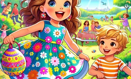 Una bambina di 4 anni, Sofia, con lunghi capelli castani e occhi brillanti di curiosità, sta saltando di gioia in un parco soleggiato. Indossa un vestito colorato decorato con motivi floreali e tiene tra le braccia un grande uovo di Pasqua dipinto con colori vivaci, il suo viso è radioso di eccitazione. Accanto a lei c'è Marco, un bambino di 4 anni con capelli biondi disordinati e un sorriso splendente. Tiene un piccolo cestino pieno di uova colorate e guarda Sofia con entusiasmo, pronto a seguirla nella sua avventura. Il parco è pieno di fiori vivaci, alberi verdi e un cielo blu chiaro punteggiato di nuvole bianche. Famiglie si riuniscono attorno a tavoli da picnic, e i bambini ridono e giocano nelle vicinanze. La scena principale mostra Sofia e Marco che scoprono un grande uovo di Pasqua decorato, con un messaggio misterioso che li invita a seguire le uova colorate per vivere insieme un'avventura magica.