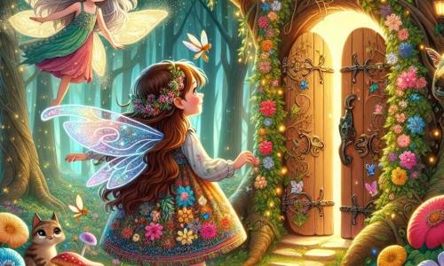 O fetiță de 10 ani, numită Ana, stă în centrul imaginii, cu ochii mari de curiozitate și emoție. Are părul lung, ondulat și brunet, o rochie colorată cu motive florale și pantofi din piele uzată. Ana privește o ușă magică mică din lemn, împodobită cu flori strălucitoare și liane, care scintilează într-o lumină aurie. Lângă ea, o zână pe nume Lila, cu aripi translucide și strălucitoare, plutește ușor deasupra solului. Lila are părul lung și argintiu și poartă o rochie din petale de flori. Lila zâmbește cu bunătate, încurajând-o pe Ana să treacă prin ușă. În fundal, pădurea magică se întinde, plină de copaci uriași cu trunchiuri noduroase și frunze strălucitoare. Atmosfera de aventură și mister este accentuată de razele de lumină care filtrează prin crengile copacilor, iluminându-le calea.