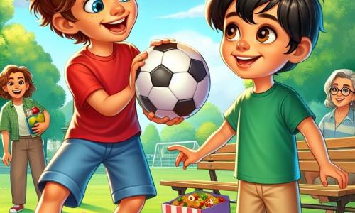 A 12-year-old boy, Jamie, with messy brown hair and bright blue eyes, smiles enthusiastically as he shows a soccer ball to his new friend. He wears a red t-shirt and blue shorts, standing on a green playground surrounded by colorful flowers. Next to him, Mateo, a 12-year-old boy of Spanish descent with black hair and brown eyes, looks at the ball with a mix of excitement and nervousness. He wears a green t-shirt and beige shorts, standing slightly back, ready to try playing. In the background, Clara, Mateo's mother, a woman in her thirties with brown hair and fair skin, smiles at her son while holding a paella box, a symbol of their Spanish culture. The setting is a sunny park in Maplewood, with majestic trees, wooden benches, and a blue sky dotted with white clouds. The main scene shows Jamie encouraging Mateo to play soccer, illustrating their budding friendship and the joy of discovering new cultures together.