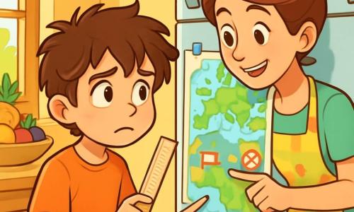 Um garoto de 10 anos, Tiago, com cabelos castanhos bagunçados e olhos brilhantes de curiosidade, está em frente a um grande mapa preso à porta da geladeira. Seu rosto expressa uma leve preocupação, mas também uma determinação suave. Ele segura uma régua em uma mão, medindo as distâncias no papel. Ao lado dele, sua mãe, uma mulher na casa dos trinta anos com cabelos castanhos presos em um coque, sorri com benevolência enquanto lhe mostra símbolos no mapa. Ela usa um avental colorido, cheio de manchas de cozinha, e se inclina levemente para ele, encorajando-o. O cenário é uma cozinha acolhedora, com paredes pintadas de amarelo pastel, uma mesa de madeira cheia de frutas frescas e uma janela que deixa entrar a luz do sol, iluminando a cena. A situação principal mostra Tiago e sua mãe explorando o mundo através do mapa, discutindo distâncias e símbolos, enquanto compartilham um momento de cumplicidade e aprendizado sobre a guerra e a solidariedade.
