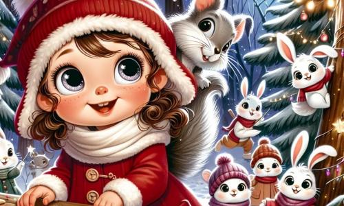 Uma menina de 2 anos, Lila, com grandes olhos brilhantes e cabelos cacheados, veste um casaco vermelho e um gorro de lã. Ela sorri maravilhada ao olhar as luzes cintilantes ao seu redor. Ao seu lado, um esquilo travesso, com pelagem cinza e um rabo peludo, sobe em um galho de árvore, curioso sobre o que acontece. Um grupo de coelhos brancos, com grandes orelhas e olhos brilhantes, se movimenta ao redor de uma mesa de madeira, decorando biscoitos de Natal com brilhos coloridos. A cena ocorre em uma floresta encantada, onde a neve cobre o chão como um suave tapete branco, e as árvores estão adornadas com luzes que cintilam na noite estrelada. Lila e seus amigos preparam uma festa de Natal alegre, cheia de risos e delícias, enquanto uma estrela brilhante brilha acima deles, iluminando sua felicidade.