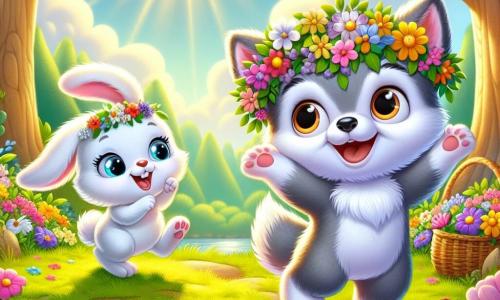 Um pequeno lobo chamado Lupi, com um pelagem cinza suave e olhos brilhantes de curiosidade, está no centro da cena, sorrindo entusiasticamente enquanto usa uma coroa de flores coloridas na cabeça. Ao seu lado, um coelhinho travesso chamado Pipo, com grandes orelhas e pelagem branca brilhante, pula de alegria, seus olhos brilhando de excitação, segurando uma pequena faixa decorada com flores. A cena ocorre em uma clareira ensolarada da floresta, onde flores multicoloridas brotam ao seu redor, criando um tapete vibrante de cores. Árvores majestosas cercam a clareira, suas folhas verdes dançando suavemente ao vento, enquanto raios de sol atravessam os galhos, iluminando a cena com uma suave luz dourada. Lupi e Pipo estão preparando um festival de primavera, cercados por seus amigos animais, todos prontos para celebrar a beleza da estação, com jogos e risos ecoando no ar alegre.
