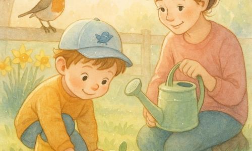 A sweet spring planting scene: a 4-year-old boy with a round face, rosy cheeks, light-brown shaggy hair, a shy smile and curious eyes kneels in dark soil wearing yellow boots and a cap with a blue bird, pressing a sunflower seed into the earth with one hand while his mother (about 30–35, brown hair in a loose bun, warm smile) sits beside him holding a pale green watering can and watching tenderly; a robin with a bright orange chest perches on the fence tilting its head; the grassy, damp garden shows shadows from a large maple, a row of yellow daffodils, a small puddle reflecting a pink morning sky, wooden gardening tools on the ground, golden morning light, pastel colors, glistening water drops on leaves and watercolor-like textures with white highlights.