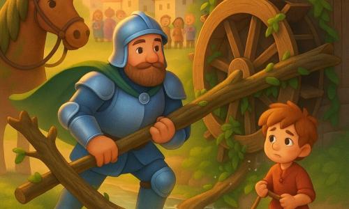 Sir Alder is a gentle, bearded knight with kind eyes and a calm, determined expression, pushing a large wooden branch with a long oak lever; he wears polished blue-silver armor, a round silver medal on his chest and a green cape blowing in the wind. Pippin, a worried but brave 12-year-old with tousled red hair, stands on the right riverbank holding a rope beside the horse. Maple, a patient brown mare with simple tack and a mossy neck, stands left of the knight. An old wooden watermill with a massive worn wheel has a thick branch stuck between the blades; the clear river reflects the golden sunset, pebbles show beneath the water and bright splashes surround the wheel. Background: small stone village with red roofs and tiny cheering villagers. Colorful, warm late-afternoon tones, soft contrasts, childlike rounded shapes and slight grainy texture; midshot composition with the central figure in action and a reassuring, heroic atmosphere.