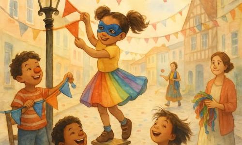 An 8-year-old girl, Rosie, smiling but focused with bouncy pigtails, a twirling rainbow skirt and a sparkling blue mask with tiny stars, climbs a small step to attach a red-and-yellow garland to an old wrought-iron lamppost; her mother, with a gentle face and encouraging smile and light brown hair up, holds a bundle of multicolored garlands on the sidewalk. An 8-year-old boy, Max, with a red clown nose painted and a big grin, steadies the garland from a chair to Rosie’s left; an 8-year-old girl, Mia, with short messy hair, laughs and holds a blue garland to Rosie’s right, looking up as the wind blows. Nearby, Mrs. Jones, about 50, in colorful clothes juggling an orange, stands by a half-timbered house. Maple Lane: shiny old cobbles, rows of pastel houses, iron lampposts, floating banners and garlands, hanging paper lanterns and scattered confetti. Main scene: carnival preparations in a light breeze—colorful garlands waving, children helping each other, smiles, movement and a soft late-afternoon light.