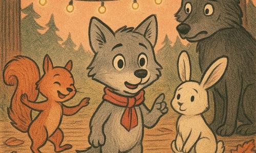 A youthful, childlike wolf named Toby with a soft face, bright eyes, light gray fur and a small red scarf stands center, one paw raised as he speaks; Mia the squirrel, small with reddish fur and a bushy tail, smiles encouragingly and spins like a dancer to Toby's left; Benny the rabbit, cream fur and long drooping ears, sits just behind Toby looking comforted and holding his paw; Rex, a large dark-furred wolf with a faint scar, stands hesitantly to the right, surprised and ashamed; setting: the Pinecone Dance Club clearing with worn log flooring, scattered pinecone rugs, yellow string lights between pines, orange-gold autumn leaves and a pink-orange sunset sky; mood: a warm, hopeful, reconciliatory moment of calm confrontation and solidarity, soft colors and warm contrasts.
