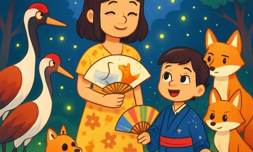 A woman named Hanako, in her thirties, wears a light floral dress, her eyes sparkling with curiosity and kindness. She stands in the center of a glade illuminated by thousands of fireflies, a soothing smile on her face, holding a fan painted with cranes and foxes. To her right, a child named Shin, about 8 years old, wears a shimmering kimono and a red cord around his waist, his eyes shining with innocence and hope as he twirls a colorful fan. On the left, two families, the Red Cranes family with vibrant feathers and proud faces, and the White Foxes family with sly features and shy smiles, look at each other hesitantly. The setting is a lush glade surrounded by majestic trees under a starry sky where the moon shines brightly. The main scene shows Hanako and Shin uniting the two families, sharing a moment of peace and reconciliation, surrounded by fireflies dancing in the night.