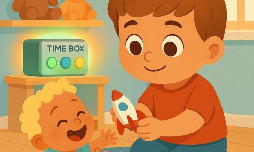 A chubby smiling 4-year-old boy with a light-brown bob and bright round eyes holds a red-and-white toy rocket; a laughing ~1-year-old curly blond baby plays on the floor with the same rocket, reaching toward it and placed in the foreground to the left. A shiny metal Time Box sits on a small shelf behind them with three big colored buttons (green, blue, yellow) and a soft green glow; a faint orange warning light dissipates around it. The warm, simple bedroom has pale blue walls, a light-wood shelf with stuffed toys, a star-pattern round rug, and a window with a white curtain letting in soft light. The main action: the 4-year-old gently returns the rocket to the baby in a calm, caring gesture; composition is centered and child-friendly.