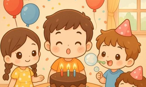 Quatro crianças numa festa de aniversário num salão luminoso: Pedro, 7 anos, cabelo castanho curto e bochechas rosadas, está ao centro em frente ao bolo de chocolate soprando as velas; Ana, 6 anos, cabelo longo trançado e vestido amarelo às bolinhas brancas, está à esquerda de Pedro colocando as últimas velas; Gui, 7 anos, cabelo castanho desgrenhado e camiseta azul, está à direita soprando grandes bolhas de sabão; Luísa, 6 anos, cabelo curto encaracolado e chapéu de festa rosa, fica ligeiramente atrás de Pedro agitando um frasco de bolhas e rindo. O ambiente inclui uma mesa redonda de madeira com o bolo, toalhas coloridas, balões vermelho, azul e amarelo, guirlandas prateadas, confetes no chão e um raio de sol entrando pela janela; atmosfera alegre, cores vivas e bolhas translucidas flutuando.