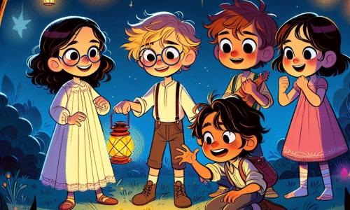 No centro da imagem, quatro crianças estão em um jardim noturno. À esquerda, Ana, uma menina de 10 anos com cabelos castanhos e óculos redondos, sorri segurando uma lanterna colorida que ilumina seu rosto. À sua direita, Lucas, um menino de 10 anos com cabelos loiros bagunçados, faz um gesto de bravura imitando a sombra de um dragão com as mãos. À direita de Lucas, Sofia, uma menina de 10 anos com cabelos cacheados e vestido rosa, conta uma história gesticulando com entusiasmo. Por fim, à direita, Miguel, um menino de 10 anos com óculos e cabelos castanhos, observa atentamente as pedras coloridas brilhantes espalhadas pelo chão, com um olhar curioso. O jardim está mergulhado em uma suave escuridão, iluminado pela luz das lanternas e pelas estrelas cintilantes no céu. Árvores com silhuetas misteriosas cercam o local, e flores noturnas de cores vivas adicionam um toque mágico à atmosfera. As crianças estão explorando seu medo do escuro brincando com lanternas e descobrindo pedras brilhantes, transformando sua apreensão em uma aventura alegre e cheia de imaginação.