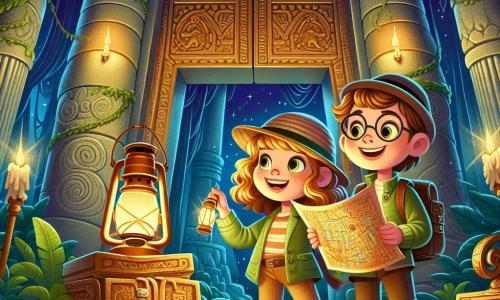O fetiță tânără, Elena, de aproximativ 10 ani, cu părul castaniu deschis și creț, poartă o jachetă verde de aventurier și o pălărie de paie. Are o privire uimită și curioasă, ținând o lanternă care îi luminează fața zâmbitoare. Lângă ea, prietenul ei Radu, un băiat de 10 ani cu părul brunet și ochelari, privește cu fascinație o hartă veche pe care o ține în mâini, stând ușor înapoi, pregătit să o urmeze pe Elena. Scena se desfășoară într-o peșteră întinsă și întunecată, împodobită cu pereți de piatră acoperiți de viță de vie și picturi antice, cu coloane mărețe care se ridică spre tavanul boltit. Răsfrângeri de lumină emană din lanterna Elenei, dezvăluind comori strălucitoare și artefacte misterioase împrăștiate în jurul lor. Elena și Radu stau în fața unei uși mari din lemn, ornamentată cu motive sculptate, pregătiți să intre în templul uitat, cu inima bătând de emoție și anticipare.
