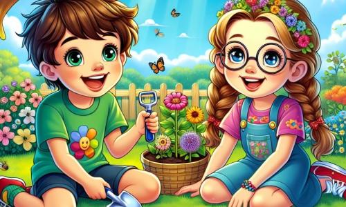 Un niño de 12 años, con el cabello castaño alborotado y ojos llenos de curiosidad, está sentado en la hierba verde del jardín, con una gran sonrisa en su rostro. Lleva una camiseta colorida y un short, sosteniendo una pequeña pala de plástico, listo para plantar flores. A su lado, una niña de 12 años, con cabello rubio trenzado y gafas redondas, observa atentamente un grupo de pequeñas abejas que polinizan las flores, su rostro brillando de asombro. El jardín es un verdadero cuadro de primavera, lleno de flores vibrantes, mariposas revoloteando y árboles en flor, bajo un cielo azul claro con nubes blancas esponjosas. Al fondo, un gran roble ofrece sombra, y los pájaros cantan alegremente en las ramas. La escena principal muestra al niño y a la niña plantando semillas juntos, rodeados de la belleza del jardín, compartiendo risas y descubrimientos sobre la naturaleza, simbolizando la amistad y la magia de la primavera.